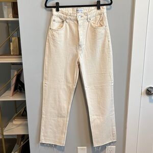 Zara Off-White Cream Wide Leg Frayed Denim Jeans